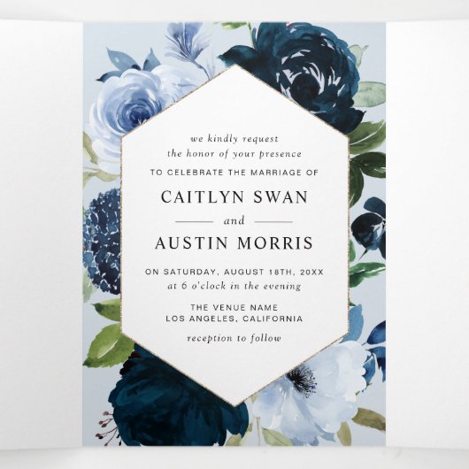 Zeemacht en lichtblauwe waterverf bruiloft drieluik aankondiging (Binnenkant midden)