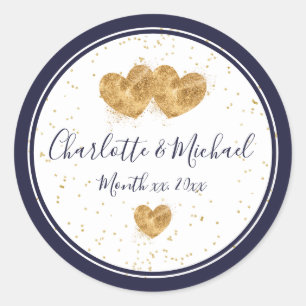 Zeemacht en wit, Elegant Golden Hearts Wedding Ronde Sticker
