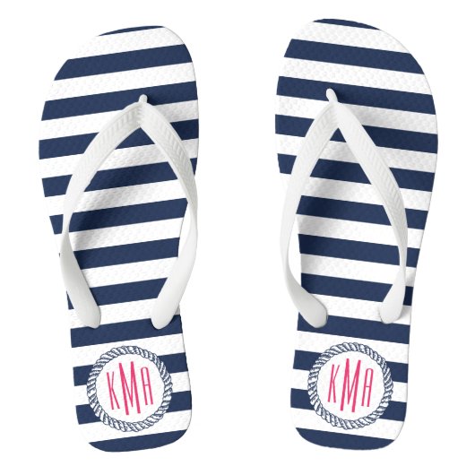 Zeemacht & witte Nautical Stripe met roze monogram Teenslippers (Voetbed)