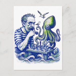 Zeeman speelt schaken met grote nieuwsgierige octo briefkaart