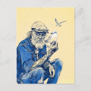 Zeeman zit kalm omringd door verschillende vogels briefkaart