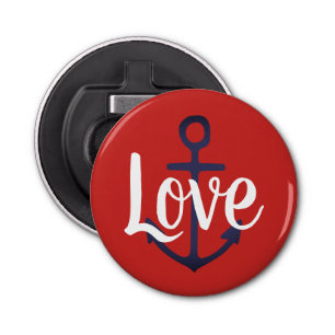 zeemansblauw ANCHOR + wit LOVE script   Button Flesopener