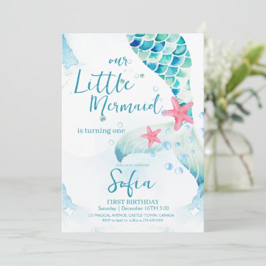 Zeemeermin 1e verjaardagsfeestje zwemfeestje kaart (Staand voorkant)