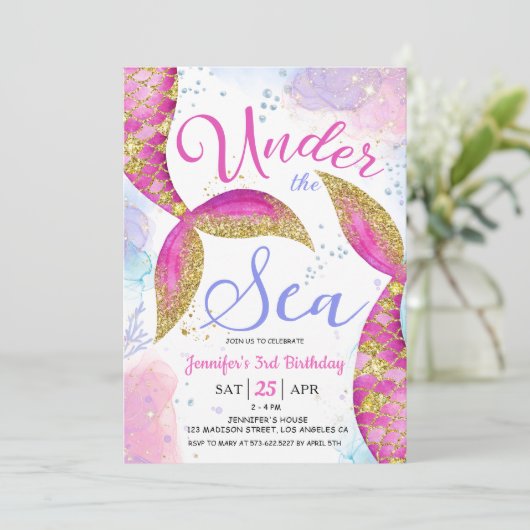Zeemeermin 3e Verjaardagsfeestje Meisje Onder het Kaart (Staand voorkant)