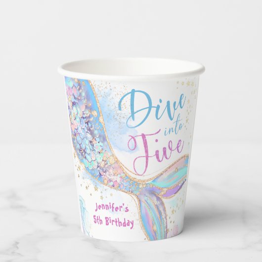 Zeemeermin 5e verjaardag Duik in vijf papieren bek Papieren Bekers (Achterkant)
