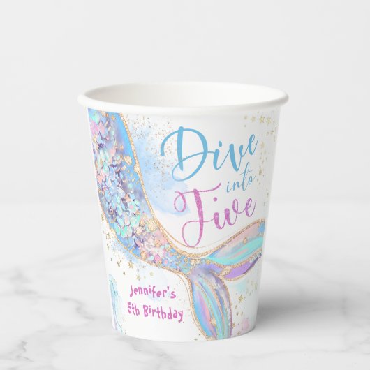 Zeemeermin 5e verjaardag Duik in vijf papieren bek Papieren Bekers (Voorkant)