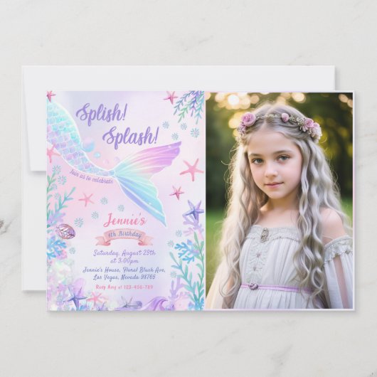 Zeemeermin 6e verjaardag Splish Splash Party Foto Kaart (Voorkant)
