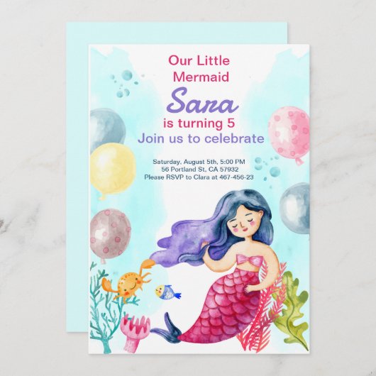 Zeemeermin afdrukbare verjaardagsuitnodiging cadea kaart (Voorkant / Achterkant)