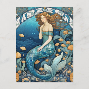 Zeemeermin Art Nouveau Aqua Blue Turquoise Art Dec Briefkaart