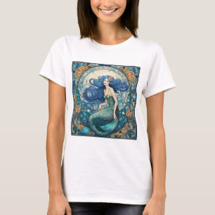  Zeemeermin Art Nouveau Art Deco Blauw T-shirt