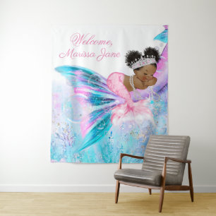 Zeemeermin Baby Shower Achtergrond Afro Zeemeermin Wandkleed