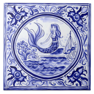 Zeemeermin Blauw en Wit Mediterraans Volkskunst Tegeltje
