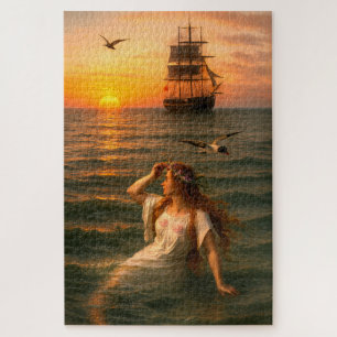 Zeemeermin die zeilschip bekijkt bij zonsondergang legpuzzel
