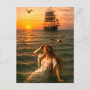 Zeemeermin die zeilschip bij zonsondergang bekijkt briefkaart