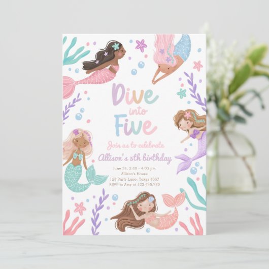 Zeemeermin Duik In Vijf Pool Party 5e Verjaardag Kaart (Staand voorkant)