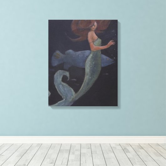 Zeemeermin en blauwe vis canvas afdruk (Insitu (Houten vloer))