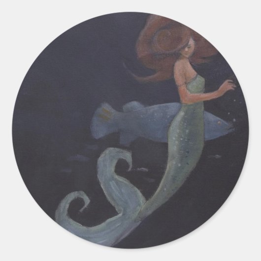 Zeemeermin en blauwe vis ronde sticker (Voorkant)