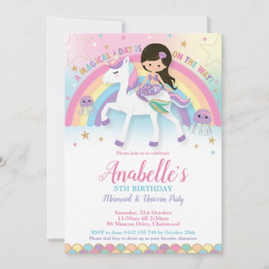 Zeemeermin en Eenhoorn Verjaardag Uitnodigingen Re (Voorkant)