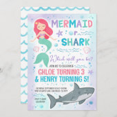 Zeemeermin en haai verjaardagsfeestuitnodiging kaart (Voorkant / Achterkant)