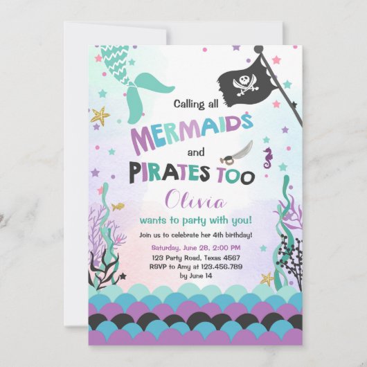 Zeemeermin en Piraat verjaardagsuitnodiging Paarse Kaart (Voorkant)