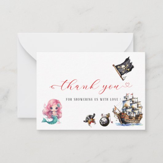 Zeemeermin en piraat waterverf verjaardagsfeest be notitiekaartje (Voorkant)