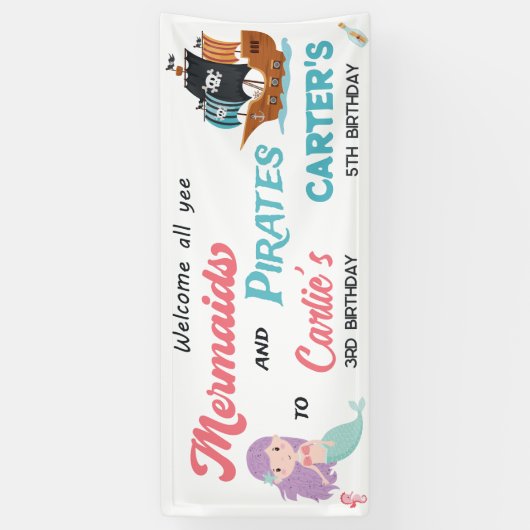 Zeemeermin en Pirate gezamenlijke verjaardagsfeest Spandoek (Verticaal)