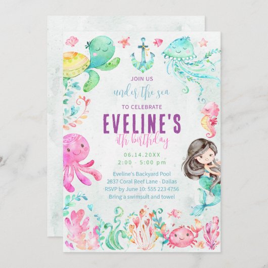Zeemeermin en vrienden onderwater uitnodiging (Voorkant / Achterkant)
