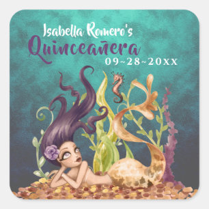 Zeemeermin en zeepaardje onder het Zee Quinceañera Vierkante Sticker