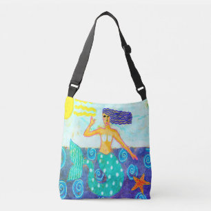 Zeemeermin en Zeester Abstracte Kunst Strandtas Crossbody Tas