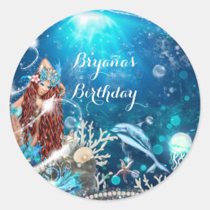 Zeemeermin Fantasie Roodharige Betoverde Feest Fav Ronde Sticker