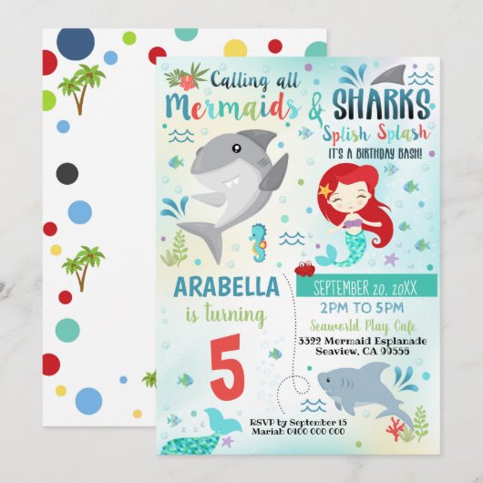 Zeemeermin Haaien Feest Uitnodiging (Voorkant / Achterkant)