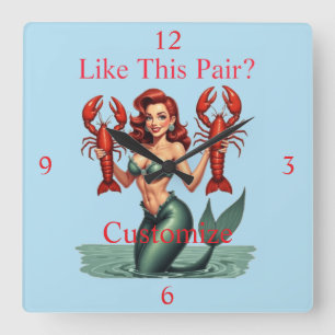 Zeemeermin Holding Lobsters Thunder_Cove Vierkante Klok