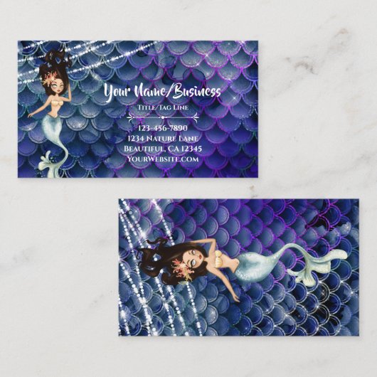 Zeemeermin in blauw ~ sprankelend onder het strand visitekaartje (Voorkant / Achterkant)