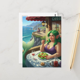 Zeemeermin in het café die salade eet fantasie briefkaart