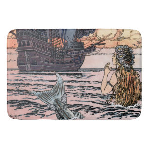  zeemeermin in Zee die het zeilschip bekijkt Badmat