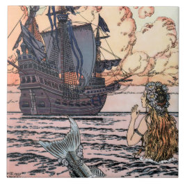  zeemeermin in Zee die het zeilschip bekijkt Tegeltje