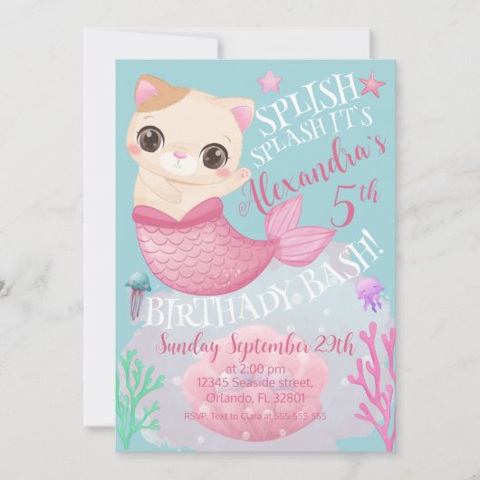 Zeemeermin Kat Miauw onder de Zee Zwembad Feestje Kaart (Voorkant)