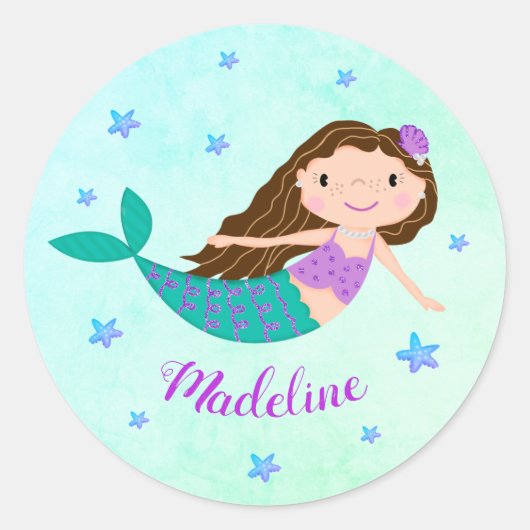 Zeemeermin Kerstmis Paarse Glitter Gepersonaliseer Ronde Sticker (Voorkant)