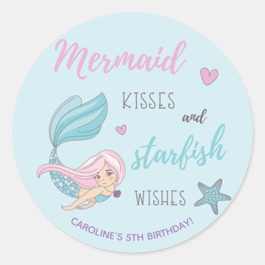 Zeemeermin Kisses Starfish Wishes Birthday Ronde Sticker (Voorkant)