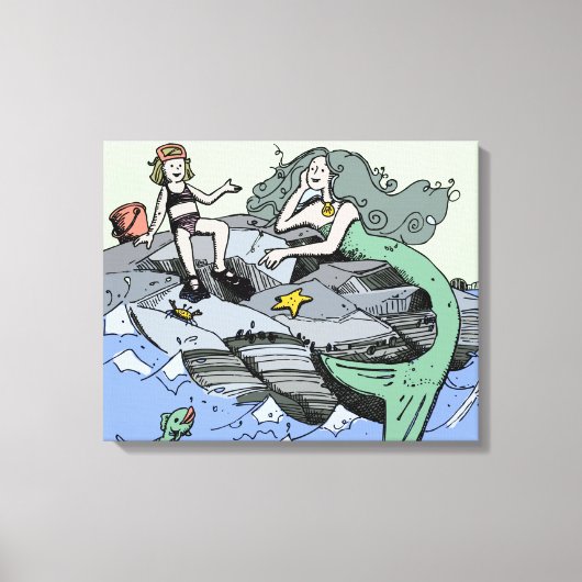 Zeemeermin kust schattig cartoon strand kind kunst canvas afdruk (Voorkant)