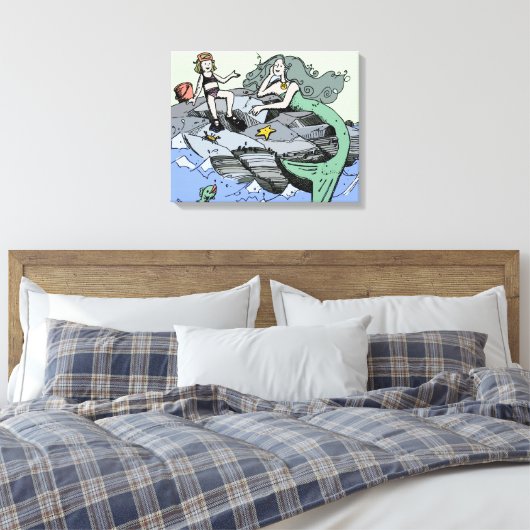 Zeemeermin kust schattig cartoon strand kind kunst canvas afdruk (Insitu (Slaapkamer))
