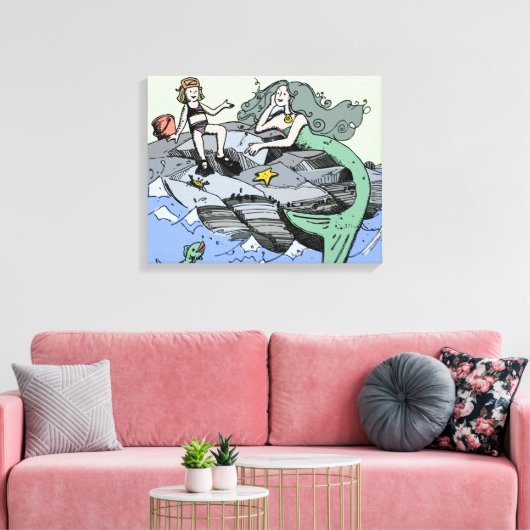 Zeemeermin kust schattig cartoon strand kind kunst canvas afdruk (Insitu (Woonkamer))