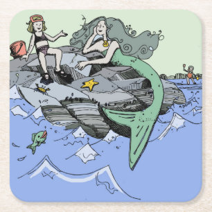 Zeemeermin kust schattig cartoon strand kind kunst vierkante kartonnen onderzetter