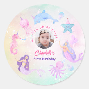 Zeemeermin Meisje 1e Verjaardagsfeestje Ronde Sticker
