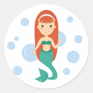 Zeemeermin meisje zwaaien tussen bubbels rond stic ronde sticker