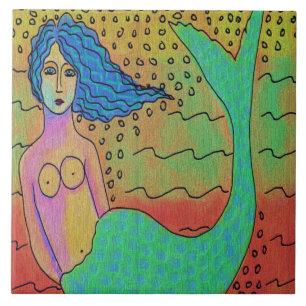 Zeemeermin met Abstracte digitale blauwe haarverf Tegeltje