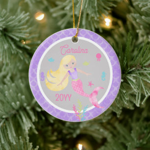 Zeemeermin met blond haar roze & paarse aandenken keramisch ornament