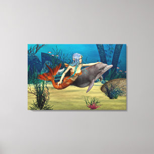 Zeemeermin met Dolfijn Canvas Afdruk
