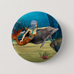 Zeemeermin met Dolfijn Ronde Button 5,7 Cm