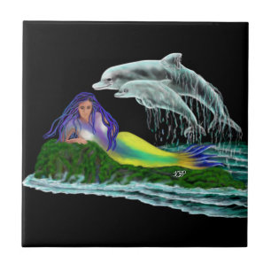 Zeemeermin met dolfijnen tegeltje